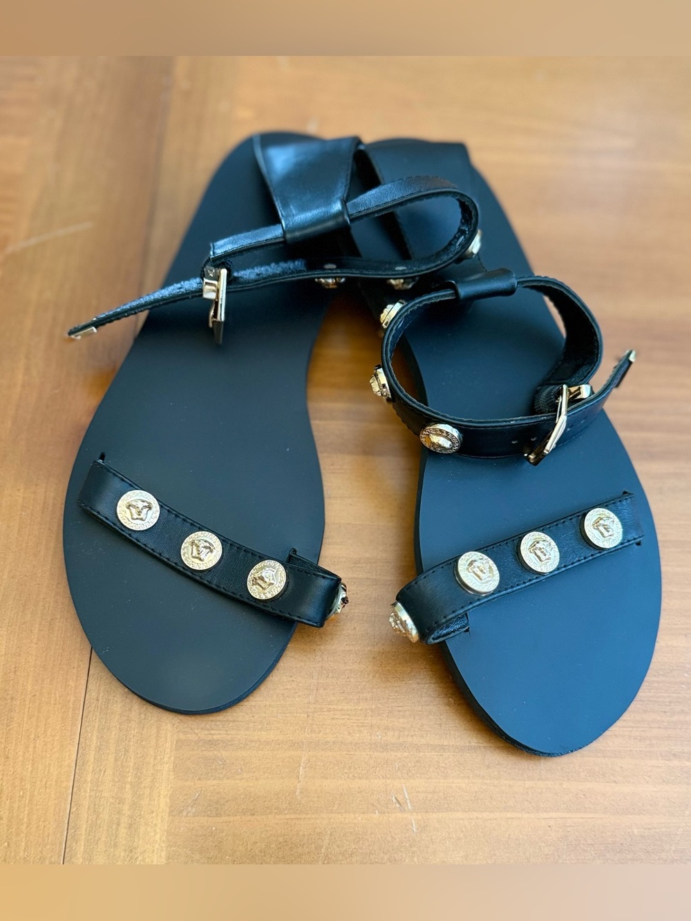 Versace Medusa Studded Tribute Flat Sandals Euro 39 Black gold Luxury Feminine